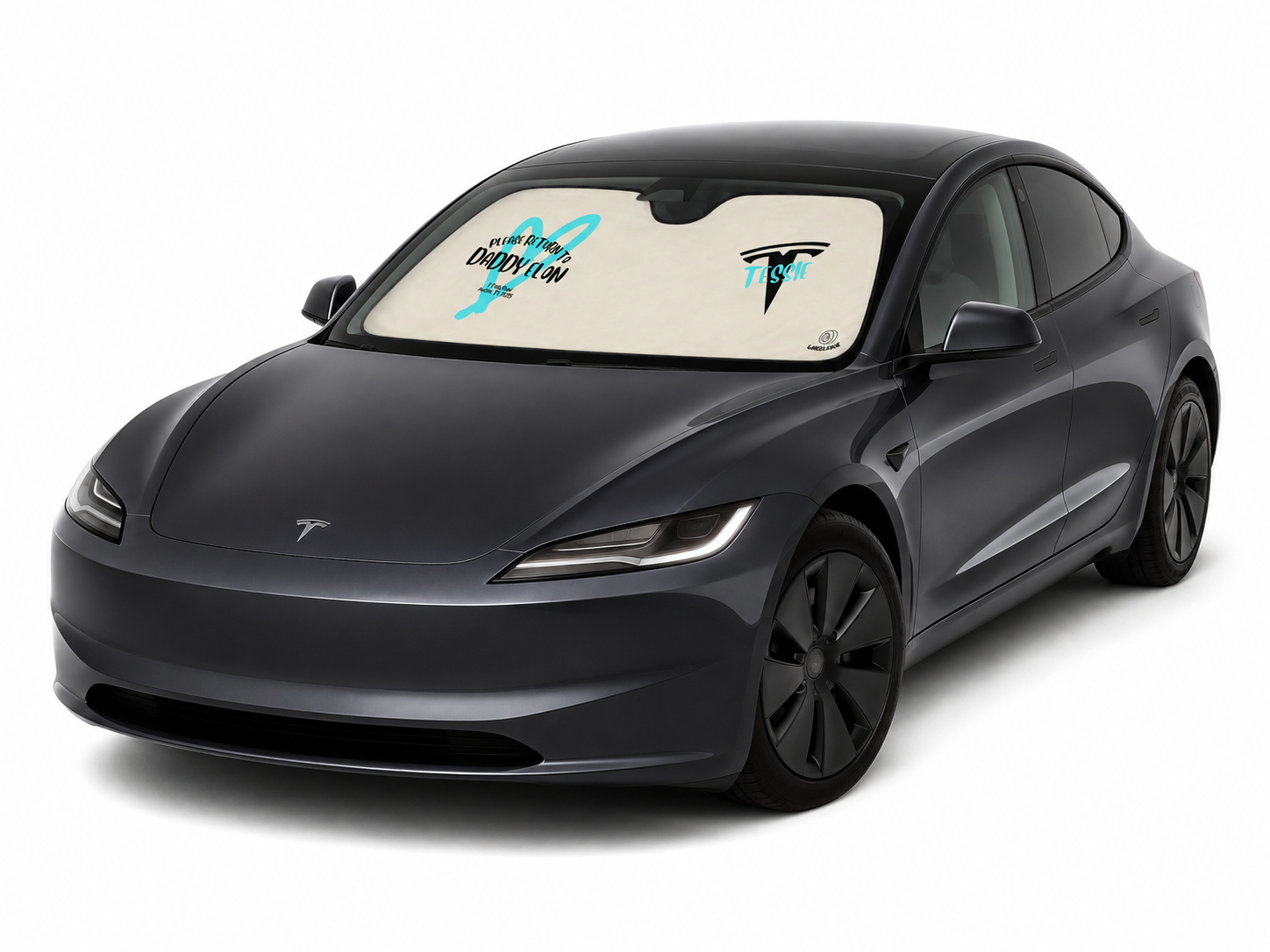 WHEELERIE Tessie windshield sunshade installed behind the windshield of a white Tesla Model 3
